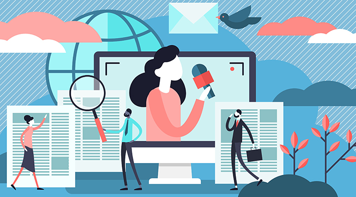 News vector illustration. Flat tiny TV and newsletter read persons concept.