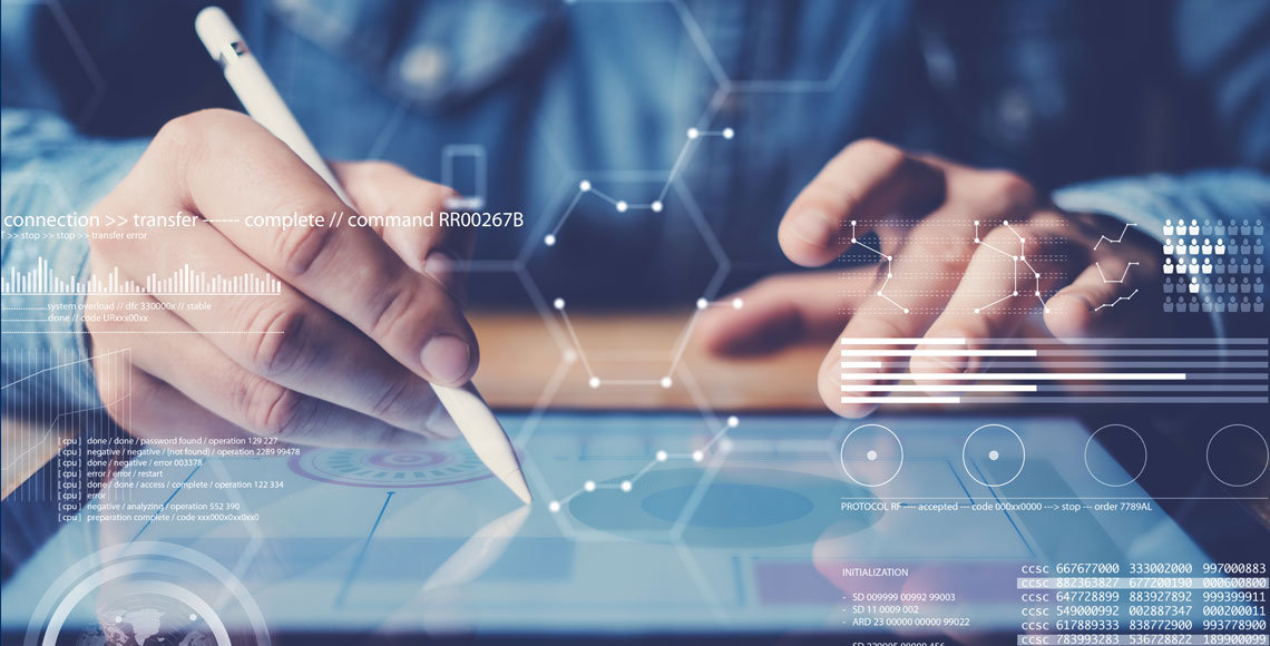 Concept of virtual diagram,graph interfaces,digital display,connections icon.Man using stylus pencil on display of contemporary electronic tablet.Blurred background. Horizontal.