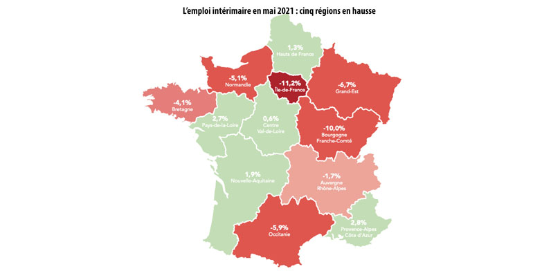 L'emploi intérimaire en mai 2021 : cinq régions en hausse