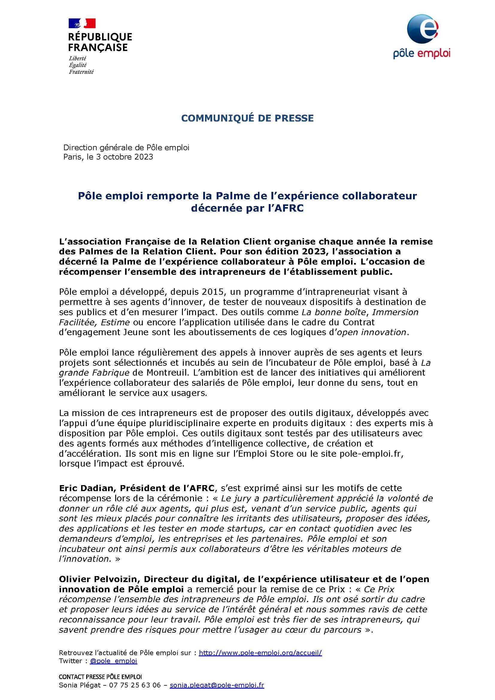 Téléchargez le document 20231003 - POLE EMPLOI - CP - Pôle emploi remporte la Palme de l'expérience collaborateur décerné par l'AFRC_Page_1.jpg(pdf, 686.78 KB) (Nouvelle fenêtre)