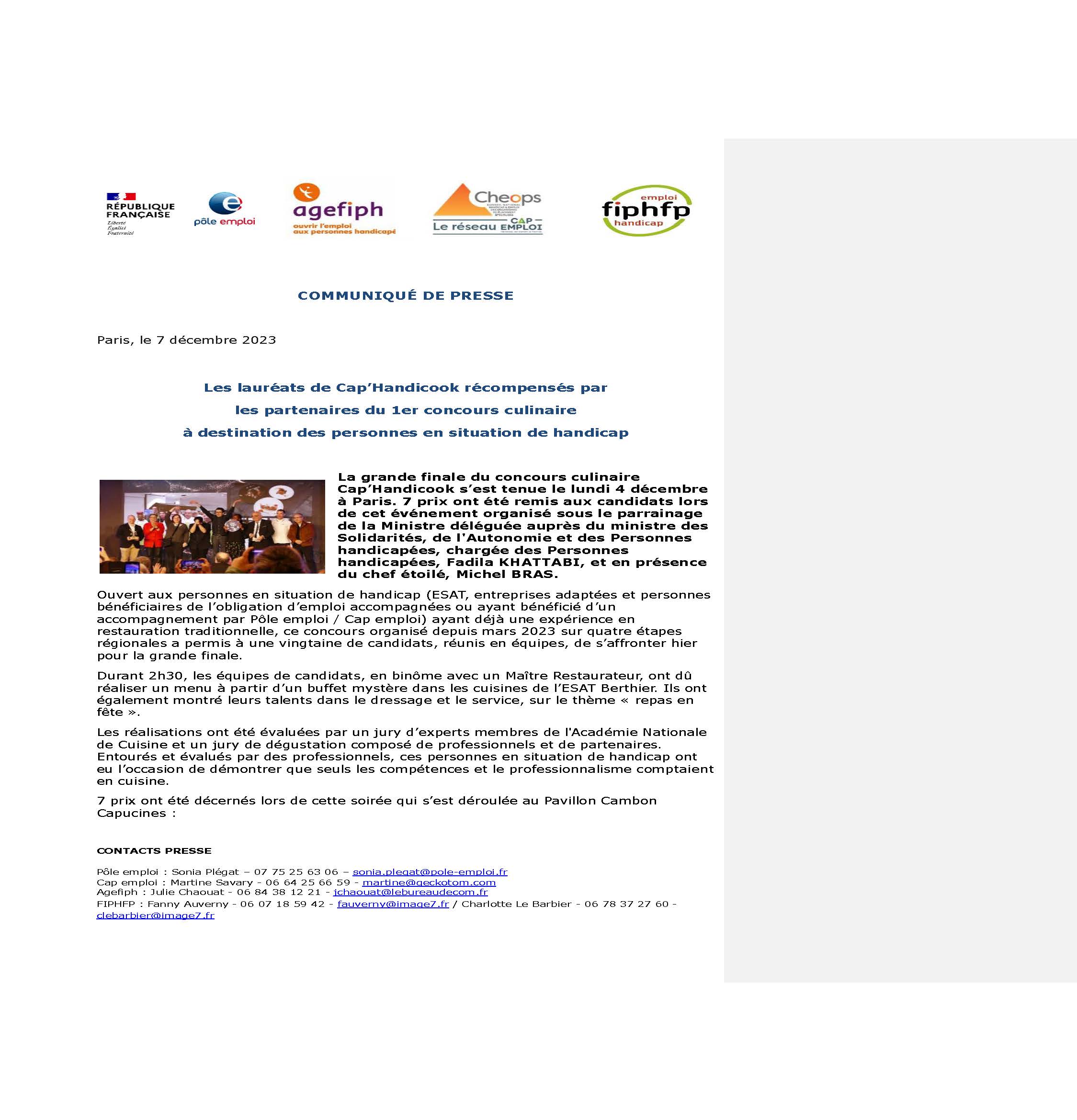 Téléchargez le document 20231207 - CP - Les lauréats de Cap’Handicook récompensés par les partenaires du 1er concours culinaire à destination des personnes en situation de handicap_Page_1.jpg(pdf, 394.21 KB) (Nouvelle fenêtre)