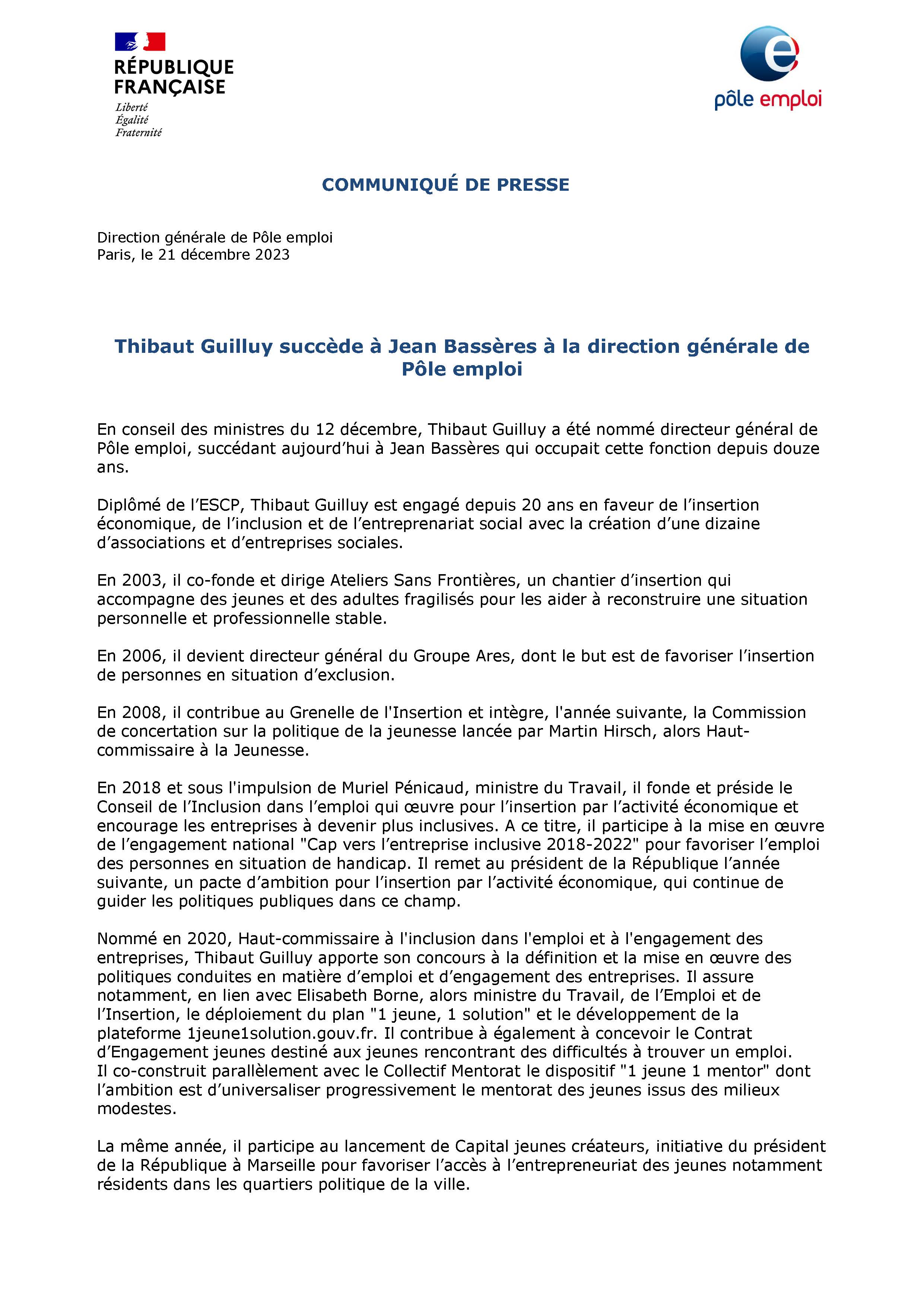 Téléchargez le document 20231221 - POLE EMPLOI - CP - Thibaut Guilluy succède à Jean Bassères à la direction générale de Pôle emploi_Page_1.jpg(pdf, 136.82 KB) (Nouvelle fenêtre)