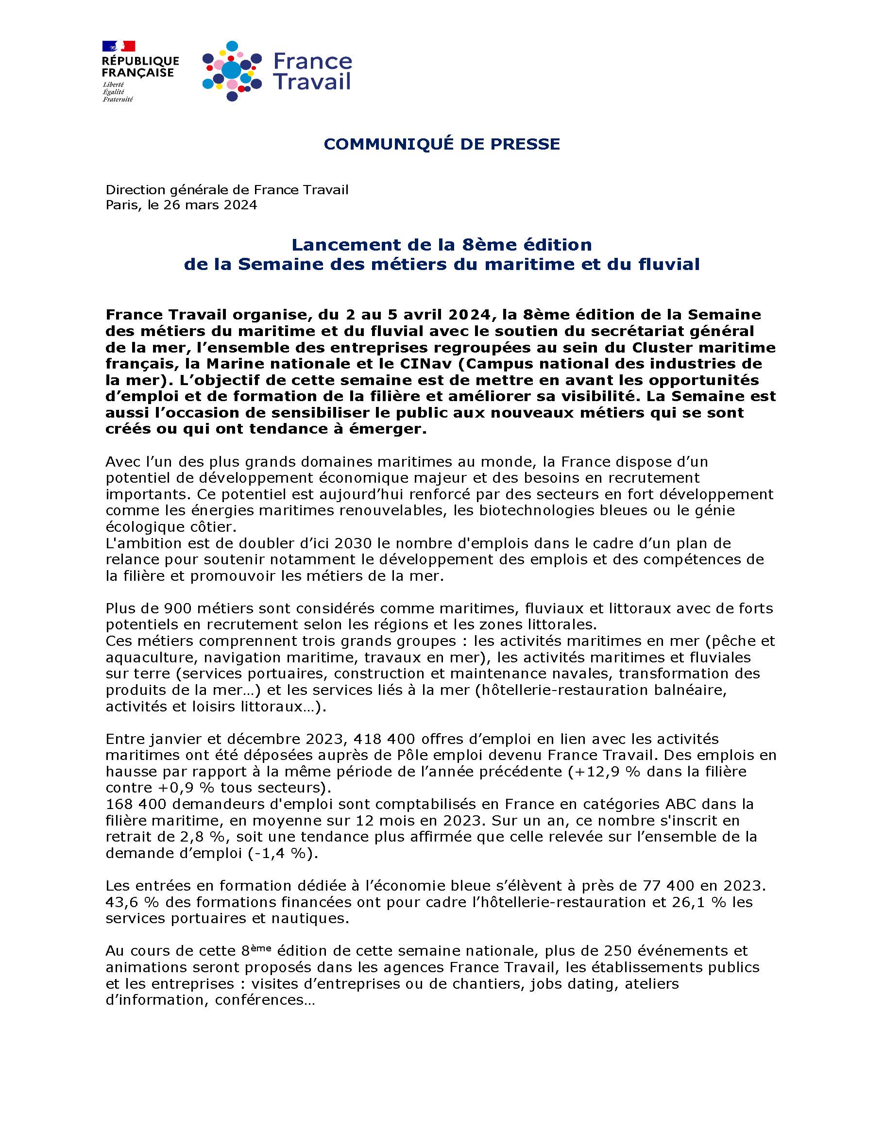 Téléchargez le document 20240326 - FRANCE TRAVAIL - CP - Semaine des mÃ©tiers du maritime et du fluvial_Page_1.jpg(pdf, 502.92 KB) (Nouvelle fenêtre)