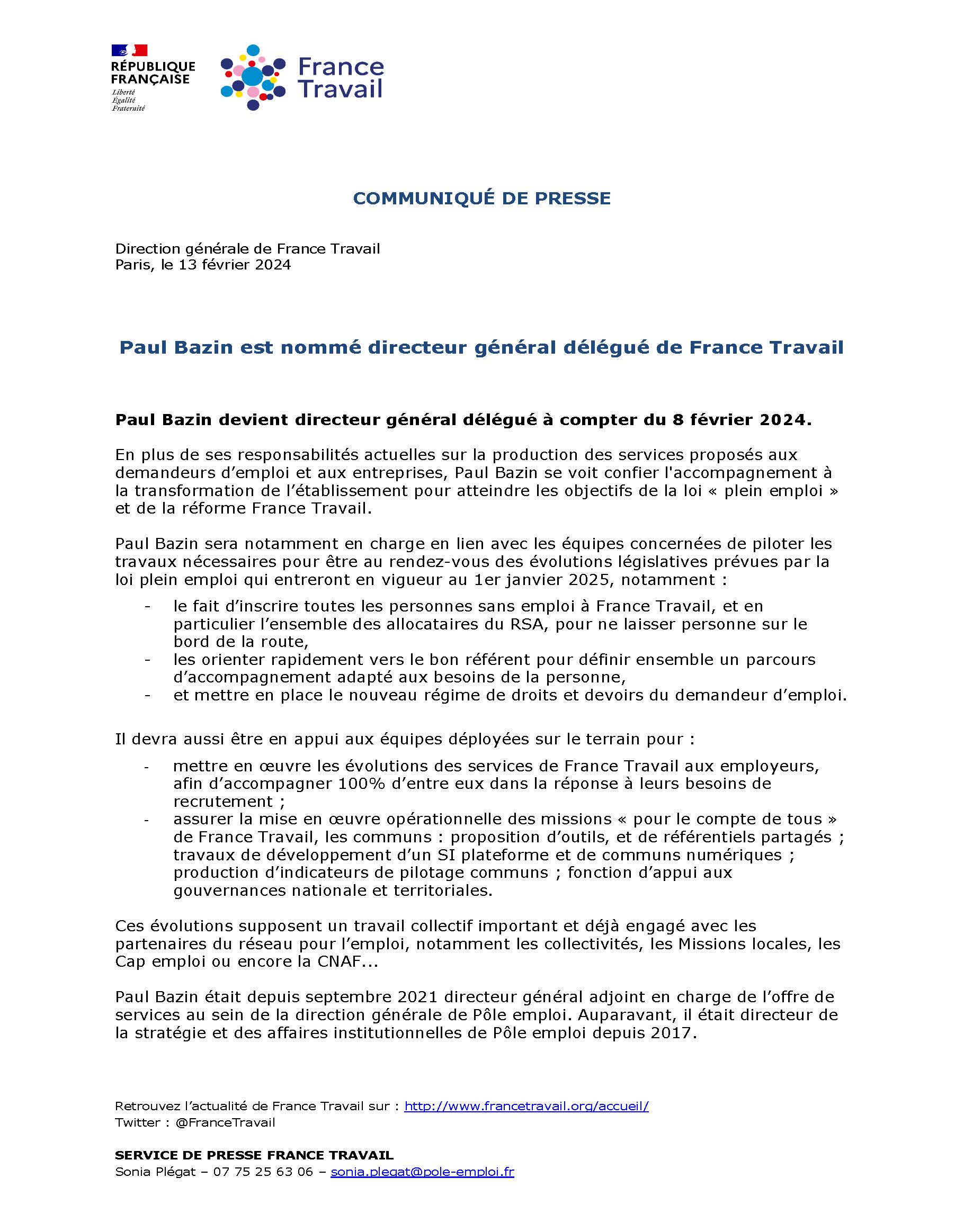 Téléchargez le document 20240213 - FRANCE TRAVAIL - CP - Paul Bazin nommé directeur général délégué de France Travail_Page_1.jpg(pdf, 471.04 KB) (Nouvelle fenêtre)